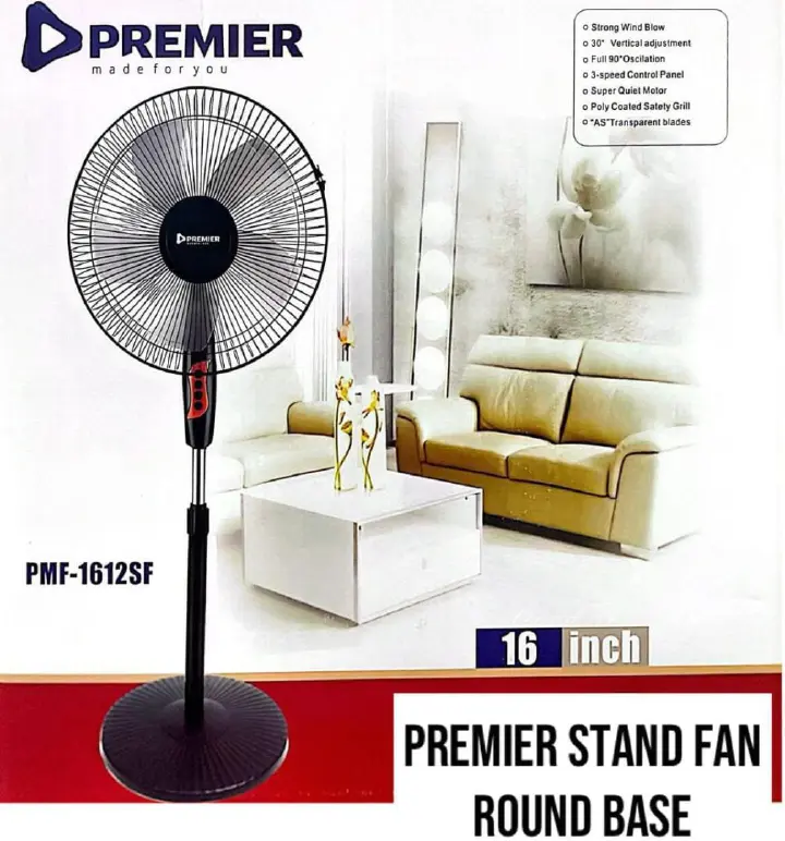 Premier PMF-1612SF 16" Stand Fan - Heavy Duty Round Base Adjustable Height Oscillating Cooling Fan for Home & Office - Image 2