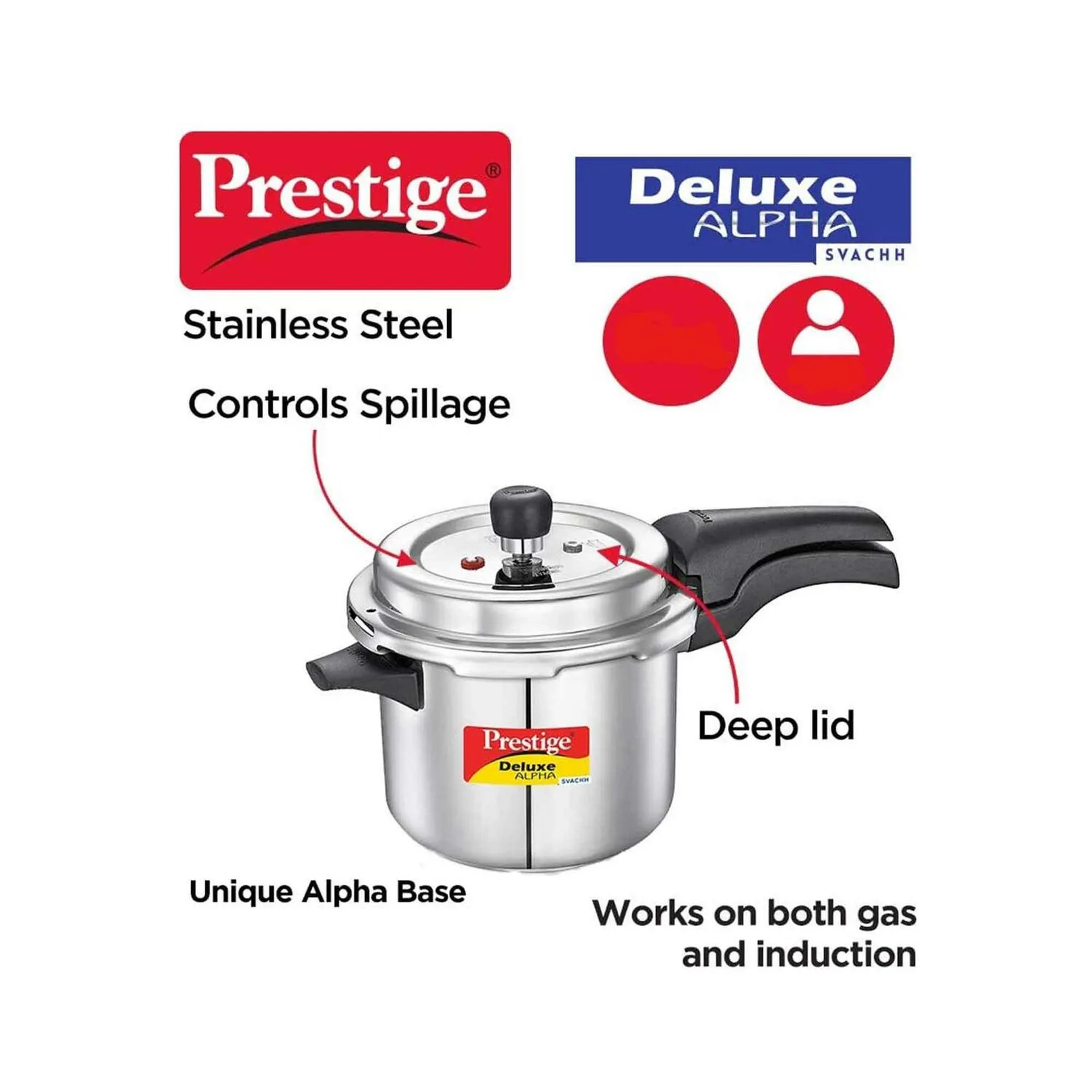 Prestige MT/295 6.5 Litre Svachh Deluxe Alpha Stainless Steel Pressure Cooker – Advanced Svachh Lid, Spill-Free Cooking, Durable Stainless Steel, Ideal for Home, Office & Commercial Kitchens - Image 2