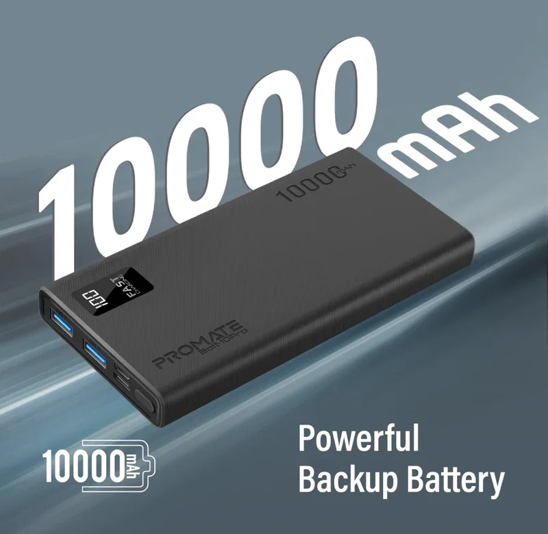 Promate 10000mAh Ultra Slim Compact Smart Charging Power Bank (BOLT-10PRO) - USB-C Input and Output, Micro-USB Input and 2 USB-A Output - Image 3