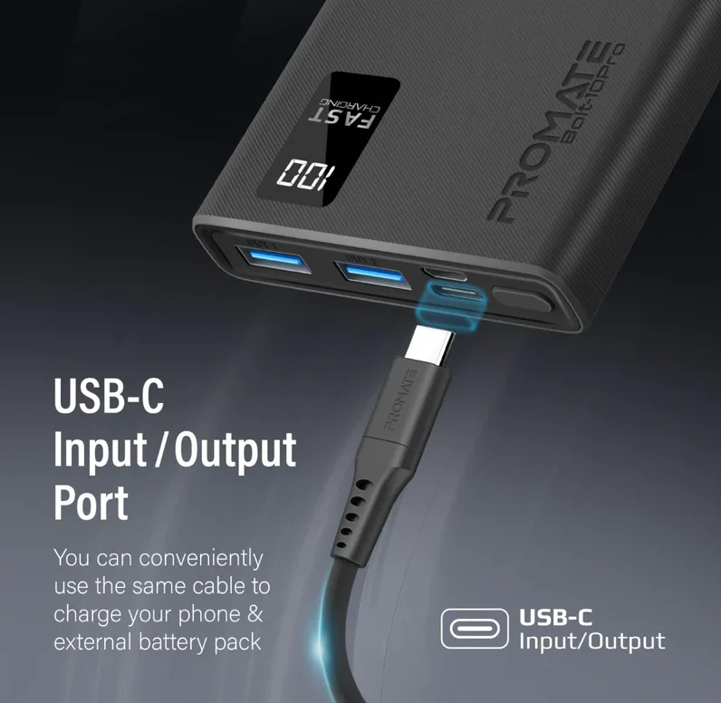 Promate 10000mAh Ultra Slim Compact Smart Charging Power Bank (BOLT-10PRO) - USB-C Input and Output, Micro-USB Input and 2 USB-A Output - Image 5