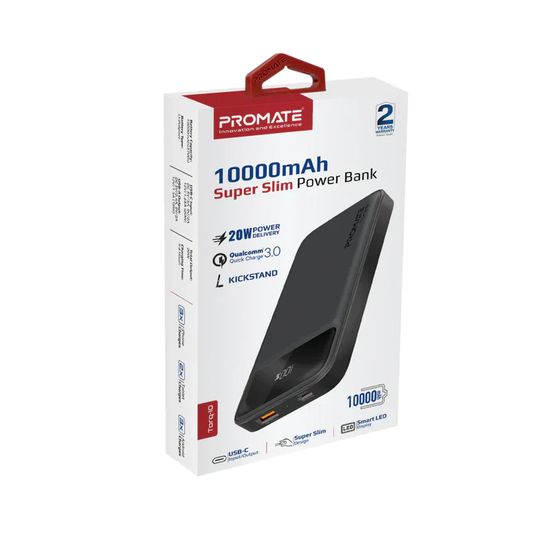 Promate 10000mAh Ultra Slim Power Bank (TORQ-10) - 20W Power Delivery, Quick Charge 3.0 ports - Image 2