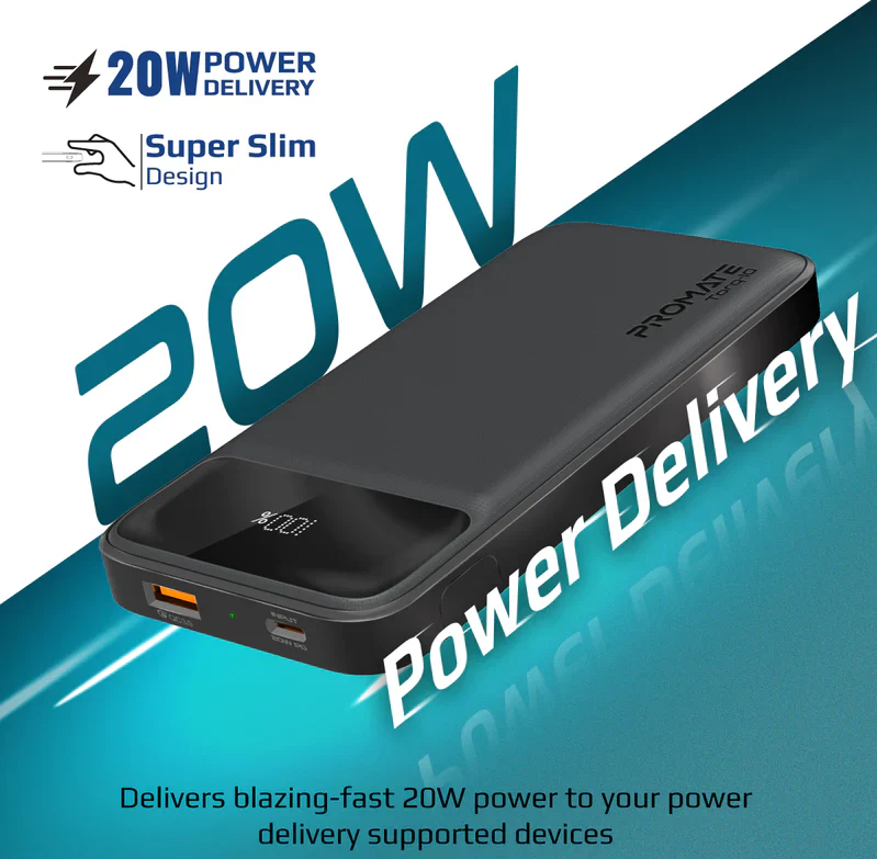 Promate 10000mAh Ultra Slim Power Bank (TORQ-10) - 20W Power Delivery, Quick Charge 3.0 ports - Image 3