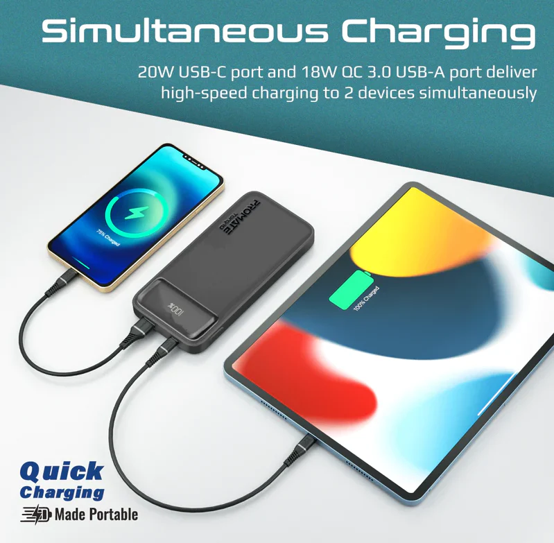 Promate 10000mAh Ultra Slim Power Bank (TORQ-10) - 20W Power Delivery, Quick Charge 3.0 ports - Image 5