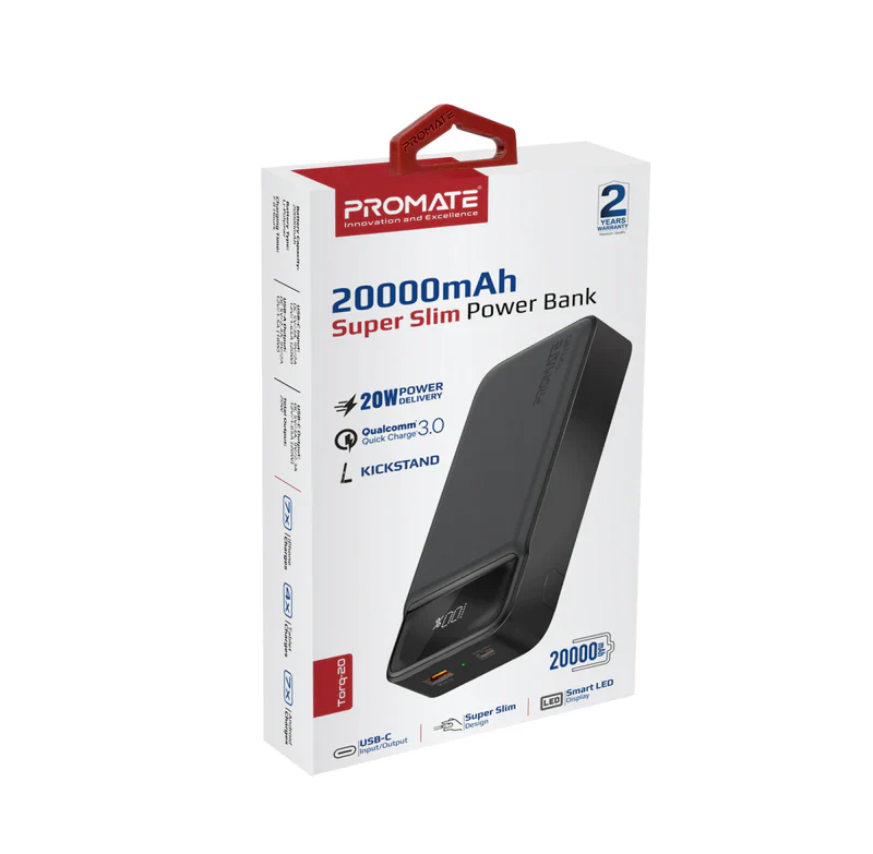 Promate 20000mAh Ultra Slim Power Bank (TORQ-20) - 20W Power Delivery, Quick Charge 3.0 Ports