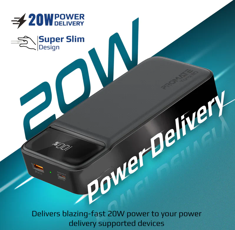 Promate 20000mAh Ultra Slim Power Bank (TORQ-20) - 20W Power Delivery, Quick Charge 3.0 Ports - Image 3