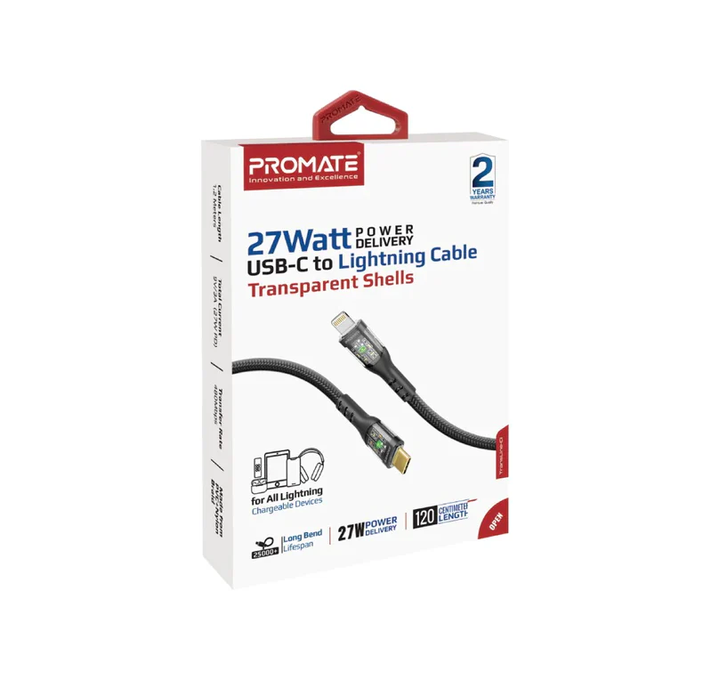 Promate 27W USB-C to Lightning Transparent Shells Cable (TRANSLINE-CI) - 1.2M Length, 27W Power Delivery, LED Lights