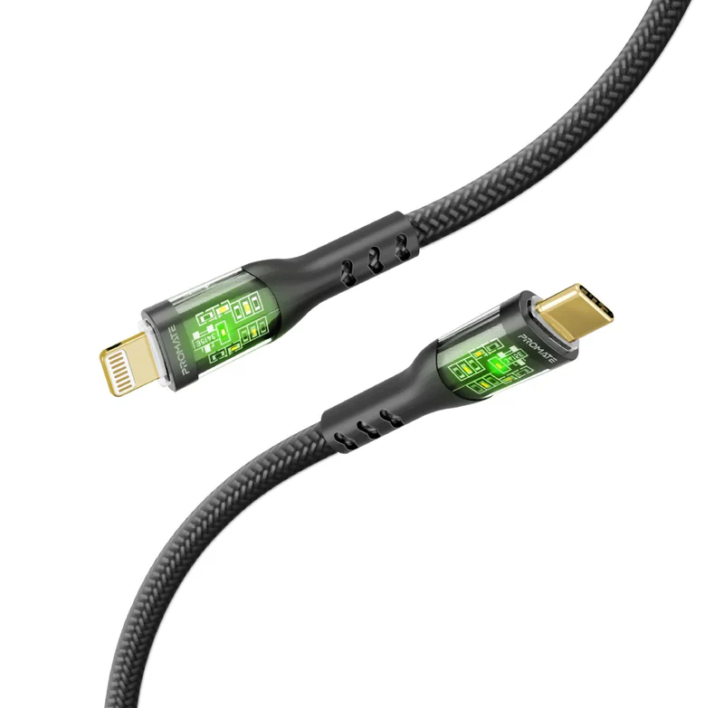 Promate 27W USB-C to Lightning Transparent Shells Cable (TRANSLINE-CI) - 1.2M Length, 27W Power Delivery, LED Lights - Image 2