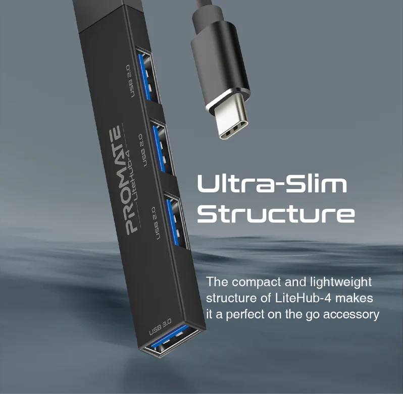 Promate 4-in-1 Multi-Port USB-C Data Hub (LITEHUB-4) - 4 USB Ports, USB-C to USB-A Adapter - Image 6