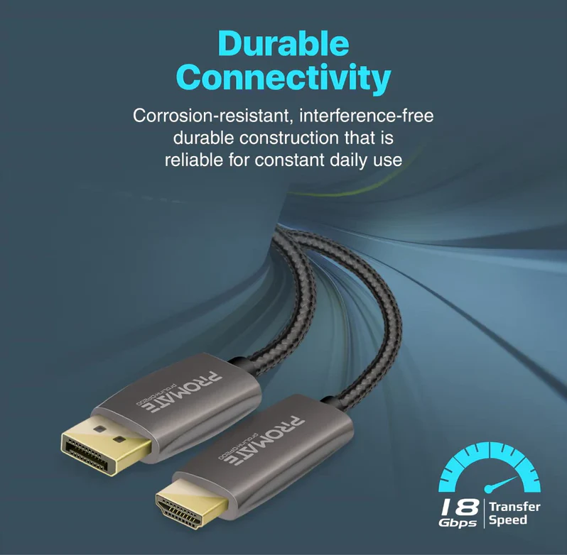 Promate 4K@60Hz DisplayPort to HDMI Cable (PROLINK-DP200) - 4K@60Hz High-Definition, 2m Cable Length - Image 6