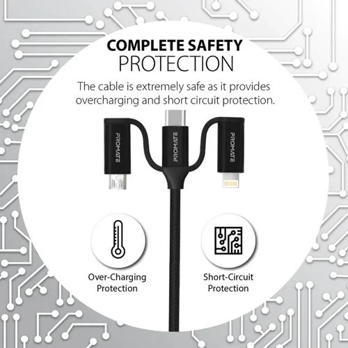 Promate 6-in-1 Hybrid Multi-Connector Cable for Charging & Data Transfer(PentaPower)-60W Power Delivery USB-C to USB-C, Micro-USB, USB-C, Lightning connector - Image 3