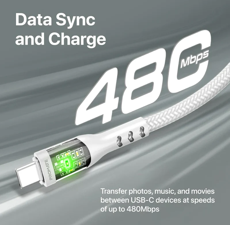 Promate 60W Ultra-Fast USB-C Transparent Shells Cable (TRANSLINE-CC) - 1.2M Length, 60W Power Delivery, LED Lights - Image 5