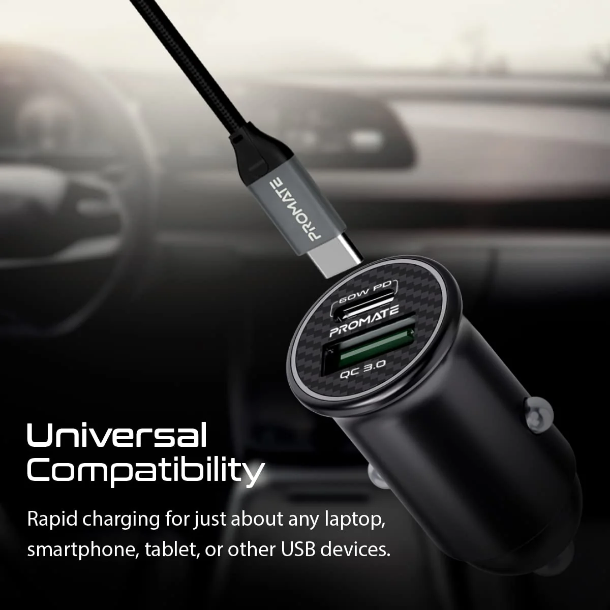 Promate Bullet-PD60 RapidCharge™ Mini Car Charger with 60W Power Delivery & Quick Charge 3.0 - Charge Laptop - Image 3