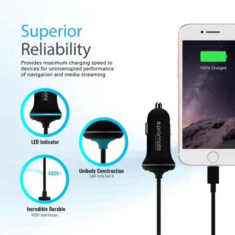 Promate Car Charger with Lightning Connector for iPad iPhone and iPod - Image 2