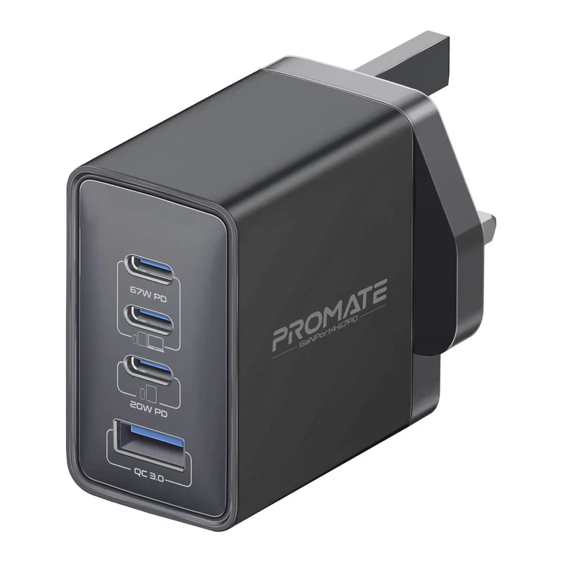 Promate GANPORT4-67PD 67W PD Power Delivery Charger – High‑Speed Compact USB‑C Charger for Laptops, Smartphones, Tablets, and Professional Devices