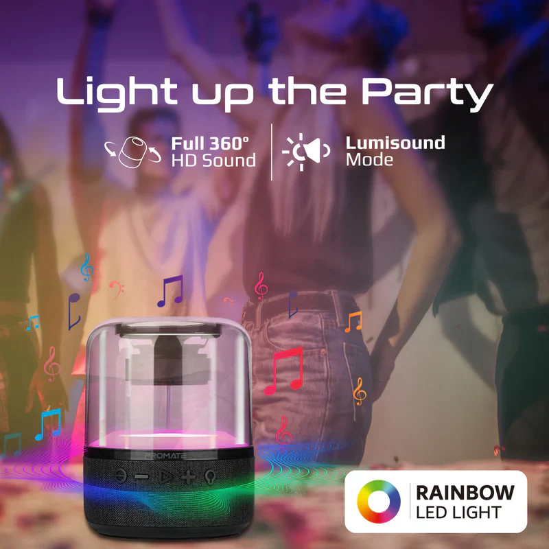 Promate Glitz‑L 10W HD LumiSound® 360° Surround Sound Speaker with LED Light Show and TWS – Premium Portable Wireless Audio System for Events, Parties, Home Entertainment, and Professional Use - Image 3