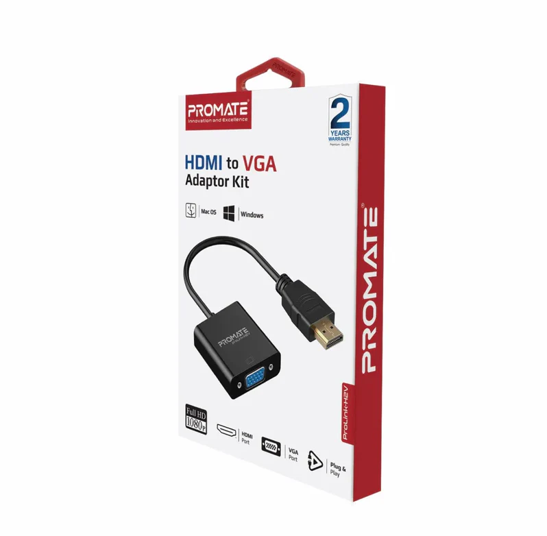 Promate HDMI to VGA Display Adapter (PROLINK-H2V) - 1080p HD Resolution Support, Plug & Play Support