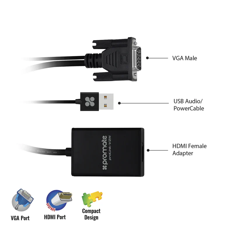 Promate HDMI to VGA Display Adapter (PROLINK-V2H) - 1080p HD Resolution Support, Plug & Play Support, Built-in USB Cable for Audio & Power - Image 3