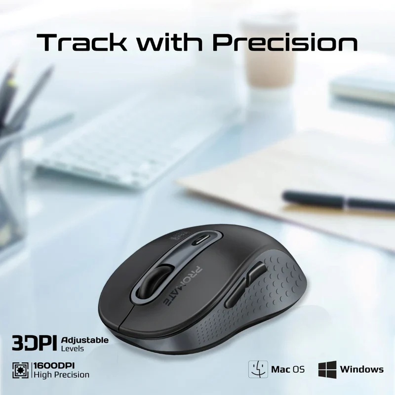 Promate KEN Dual Mode Wireless Optical Mouse – Bluetooth & 2.4GHz Ergonomic High Precision Optical Mouse for Office, Home, Laptop, and Professional Use - Image 2