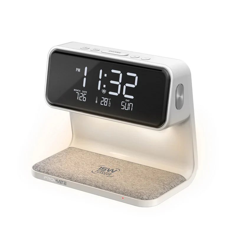 Promate LUMIX-15W 15W LED Alarm Clock with Wireless Charger – Multifunction LED Clock with Fast Wireless Charging for Bedroom, Office, and Professional Workspaces