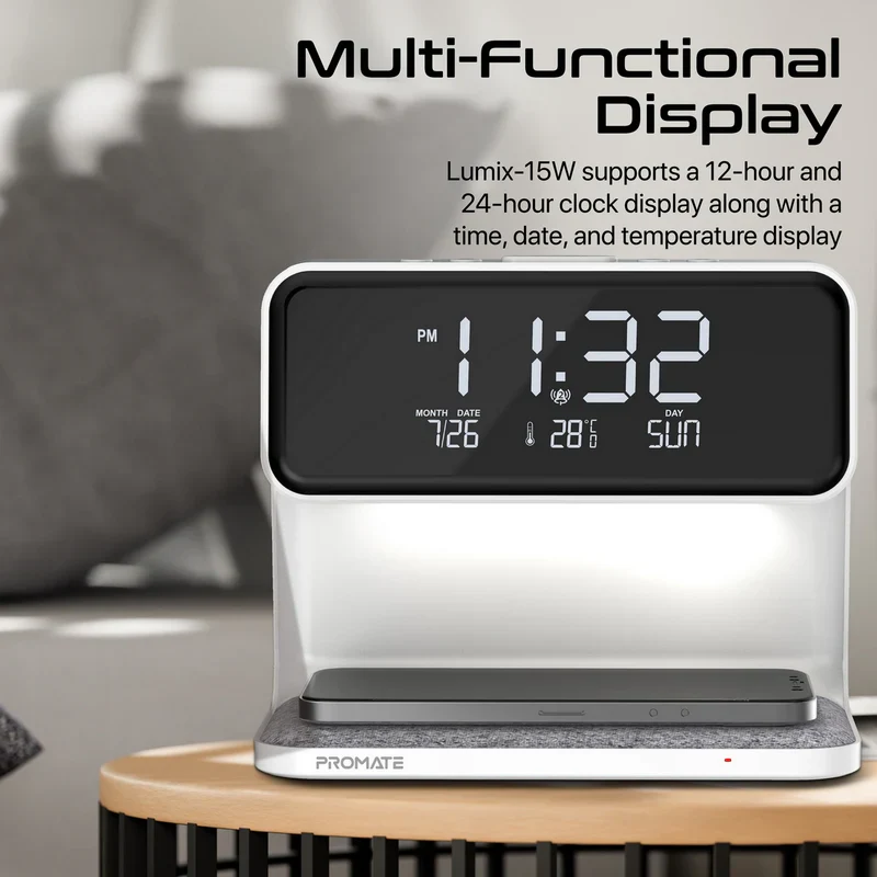 Promate LUMIX-15W 15W LED Alarm Clock with Wireless Charger – Multifunction LED Clock with Fast Wireless Charging for Bedroom, Office, and Professional Workspaces - Image 3