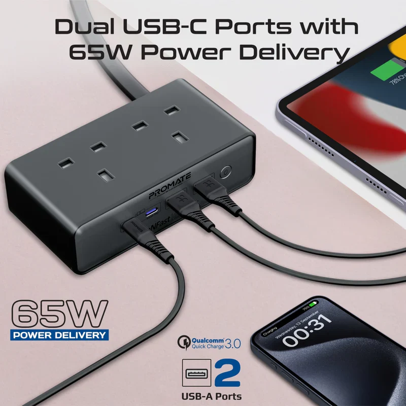 Promate POWERBRIX2-GAN65 65W Charging Station – Multi‑Port High‑Speed GaN Power Delivery Charger for Laptops, Smartphones, Tablets, and Professional Devices - Image 4