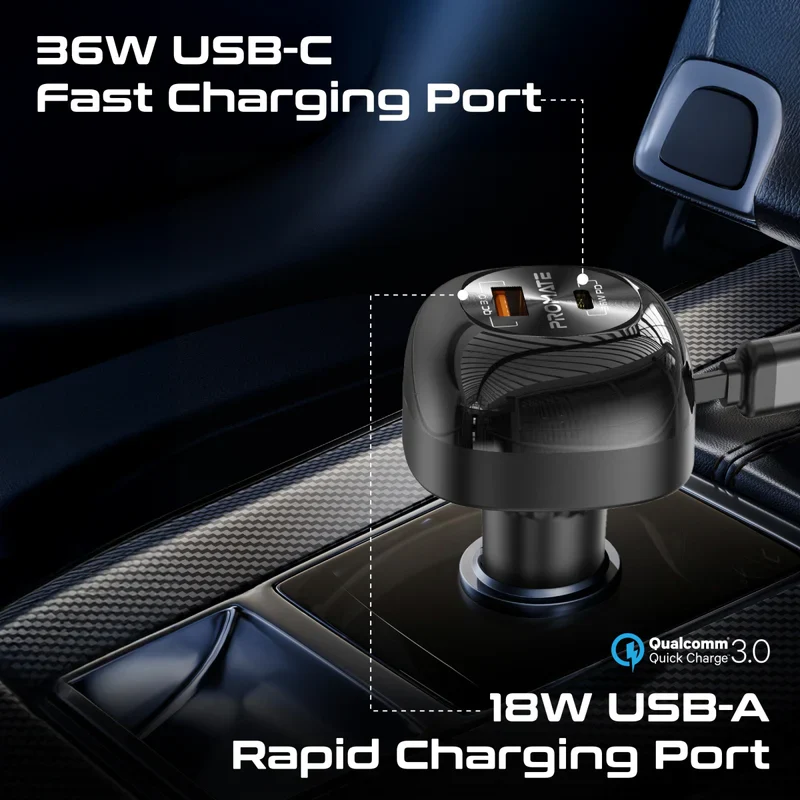 Promate POWERDRIVE-RCI81 81W Multi‑Port Car Charger – High‑Speed USB‑C & USB‑A PD Automotive Charger for Smartphones, Tablets, Laptops, and Professional Devices - Image 3