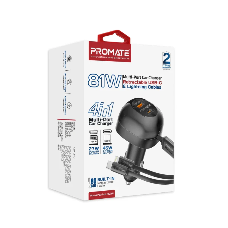 Promate POWERDRIVE-RCI81 81W Multi‑Port Car Charger – High‑Speed USB‑C & USB‑A PD Automotive Charger for Smartphones, Tablets, Laptops, and Professional Devices - Image 7