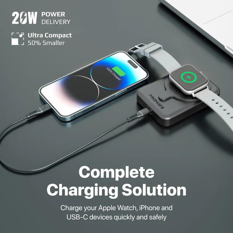 Promate PowerMag-Duo 10000mAh MagSafe & Apple Watch Wireless Charging Power Bank – Dual Device Fast Charging Magnetic Power Solution for iPhone, Apple Watch, Travel, and Everyday Use - Image 5