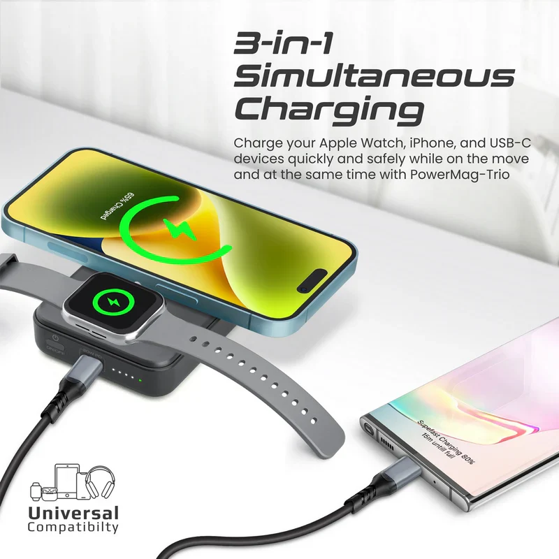 Promate PowerMag-Trio 10000mAh MagSafe & Apple Watch Wireless Charging Power Bank – Triple Device Fast Charging Magnetic Power Solution for iPhone, Apple Watch, Earbuds, Travel, and Everyday Use - Image 6