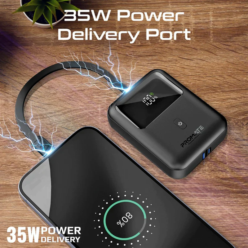 Promate PowerPod-10 10000mAh 35W Ultra-Compact SuperSpeed Power Bank with Built-In USB-C – High Performance Fast Charging Portable Power Solution for Travel, Mobile Devices, and Professional Use - Image 3