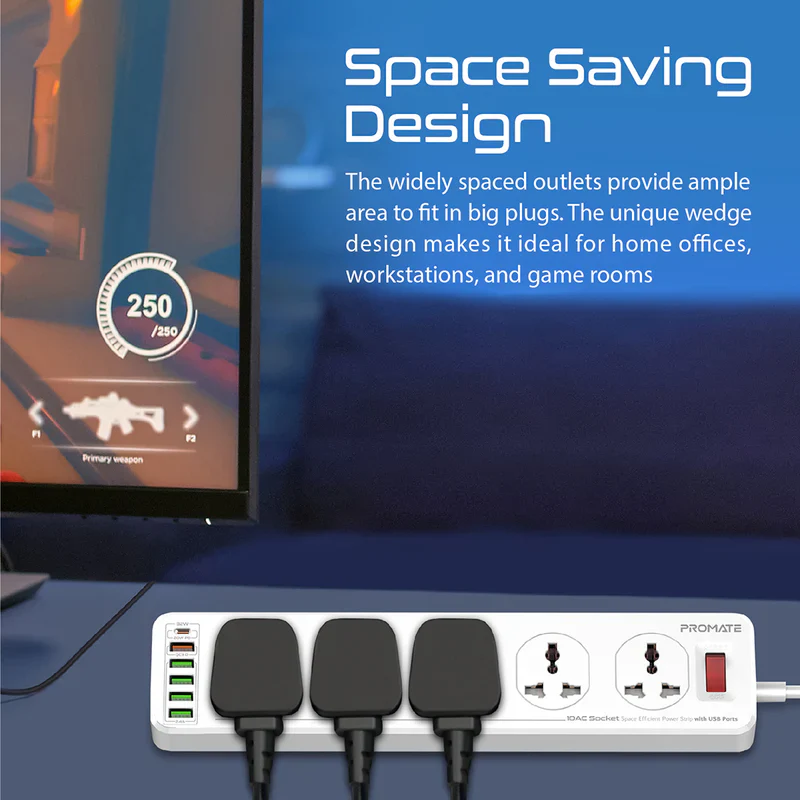Promate POWERMATRIX‑3M 10‑Port Power Strip – Heavy Duty Multi‑Outlet Power Strip with 3 m Cable for Office, Home, Workshop, and Professional Power Distribution - Image 2