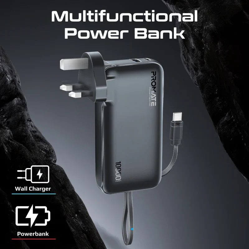 Promate PowerPack-10C 10000mAh Ultra-Compact Fast Charging Power Bank with AC Charger & Built-In USB-C Cable – High Efficiency Portable Charging Solution for Travel, Mobile Devices, and Everyday Use - Image 2