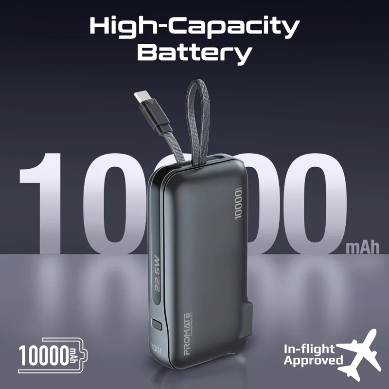 Promate PowerPack-10C 10000mAh Ultra-Compact Fast Charging Power Bank with AC Charger & Built-In USB-C Cable – High Efficiency Portable Charging Solution for Travel, Mobile Devices, and Everyday Use - Image 5