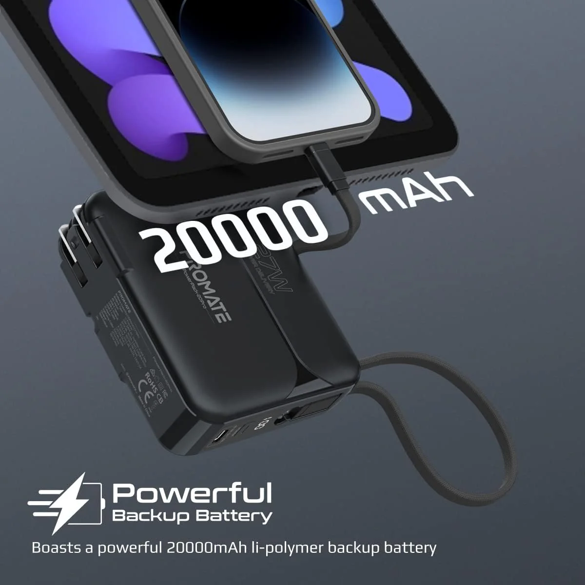 Promate PowerPack-20Pro Ultra-compact 20000mAh Fast Charging Power Bank with AC Charger - Image 3