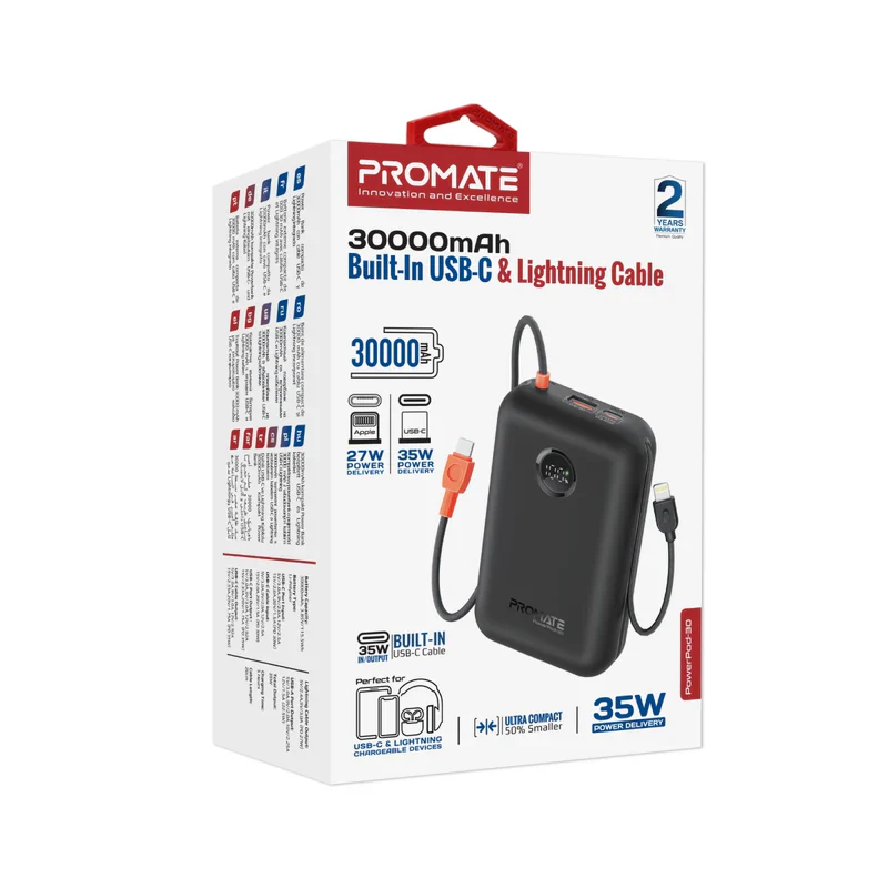 Promate PowerPod-30 30000mAh Compact Power Bank with Built-In USB-C & Lightning Cable – High Capacity Fast Charging Portable Power Solution for Smartphones, Tablets, Travel, and Professional Use - Image 7