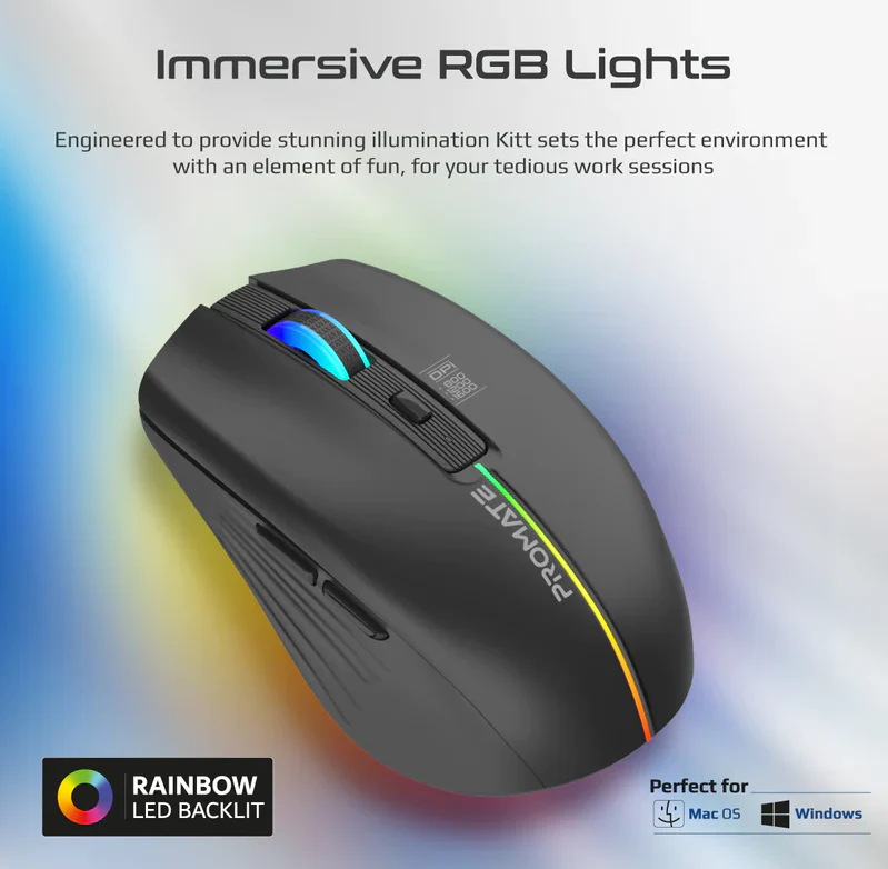 Promate Sleek Wireless Rechargeable Mouse (KITT) - Adjustable 1600 DPI, 500mAh Rechargeable Battery, RGB Lighting - Image 3