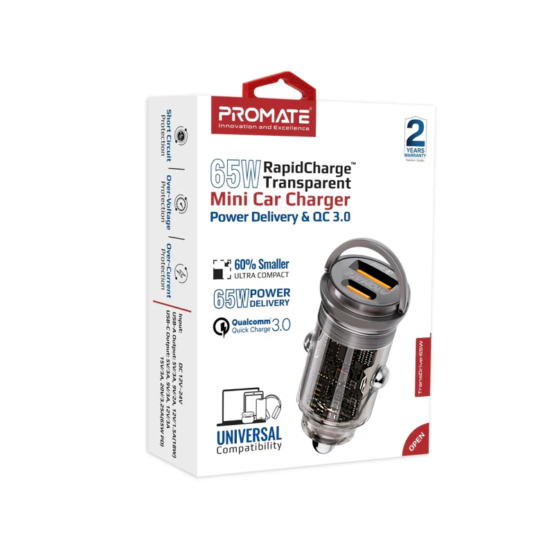 Promate TRANSDRIVE‑65W Mini Car Charger – High‑Speed USB‑C Power Delivery Car Charger for Smartphones, Tablets, and Professional Devices - Image 8