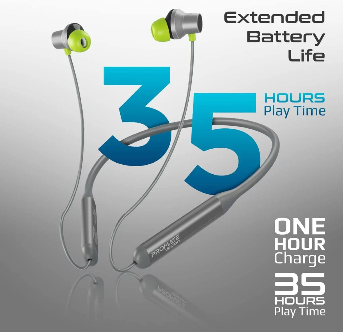 Promate Velcon High-Definition ANC Wireless Neckband Earphones - 35 hrs Playback, Active Noise Cancellation, In-Line Con - Image 3
