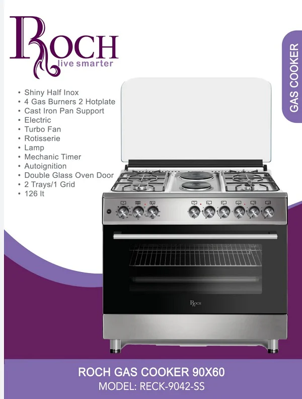 Roch RECK-9042-SS 90×60 CM Gas Cooker – A spacious and efficient cooking solution designed for reliable performance and convenient everyday meal preparation in modern kitchens