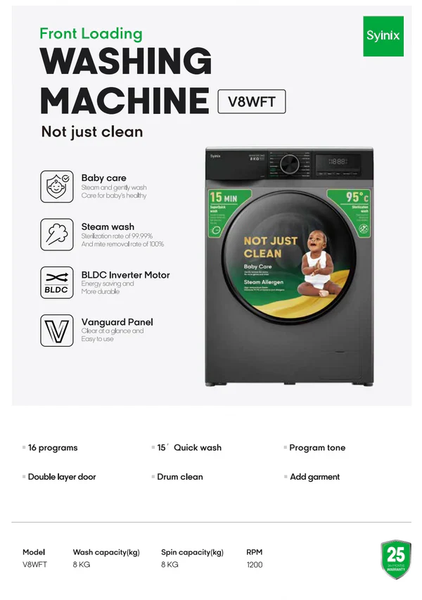 Syinix V8WMFT 8kg Front Load Washing Machine – A reliable laundry solution that delivers efficient, thorough cleaning while saving time and water for everyday household use - Image 2