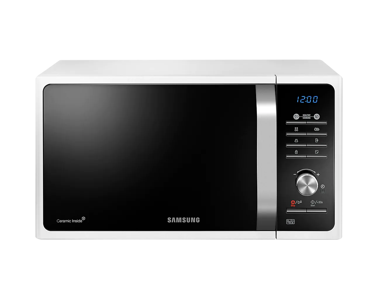 Samsung MS23F301TAW 23L Microwave Oven - smooth ceramic interior, a black glass front , a crystal blue display and detailed silver dial