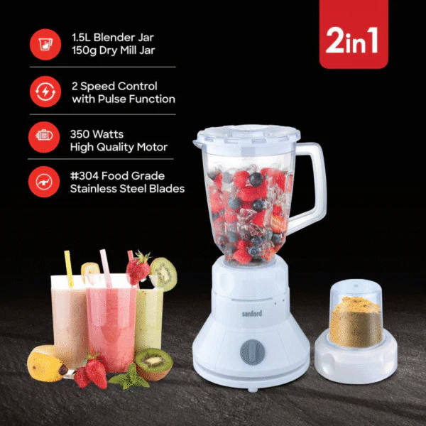Sanford SF6803BR 2-in-1 Blender with Mill 350W 1.5L – Powerful Blender with Mill for Smoothies, Grinding, and Food Prep - Image 3