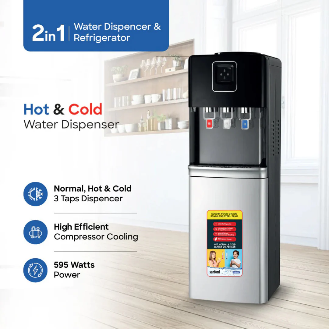 Sanford SF1416WD Premium 3-Tap Water Dispenser with Refrigerator – Hot, Cold & Normal Water for Home or Office - Image 2