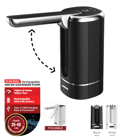 Sanford SF1801BWD Rechargeable Automatic Water Dispenser – 1200mAh battery, one-touch operation, USB charging, and universal bottle compatibility for easy, hygienic water dispensing at home or office. - Image 4