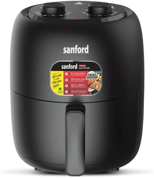 SANFORD SF2457AF Manual Air Fryer 3.5L, 1400W, Healthy Oil-Free Cooking, 5 Presets, Adjustable Temperature 80-200°C, 60-Min Timer, Overheat Protection, Cool-Touch Handle