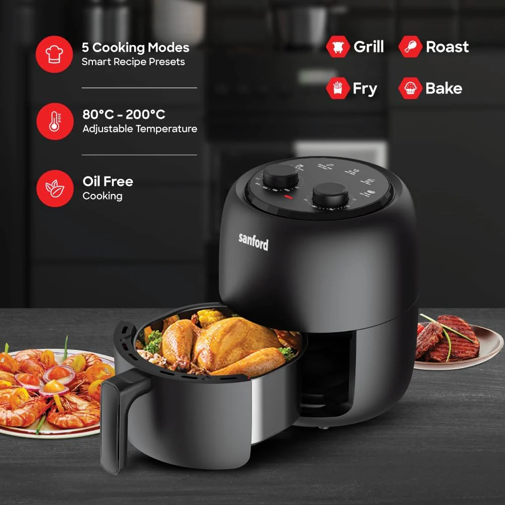 SANFORD SF2457AF Manual Air Fryer 3.5L, 1400W, Healthy Oil-Free Cooking, 5 Presets, Adjustable Temperature 80-200°C, 60-Min Timer, Overheat Protection, Cool-Touch Handle - Image 3