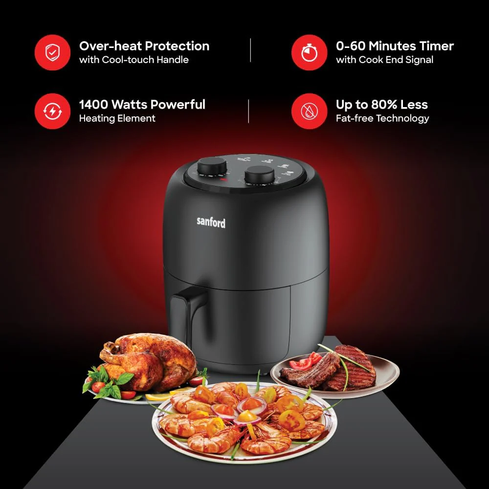 SANFORD SF2457AF Manual Air Fryer 3.5L, 1400W, Healthy Oil-Free Cooking, 5 Presets, Adjustable Temperature 80-200°C, 60-Min Timer, Overheat Protection, Cool-Touch Handle - Image 4