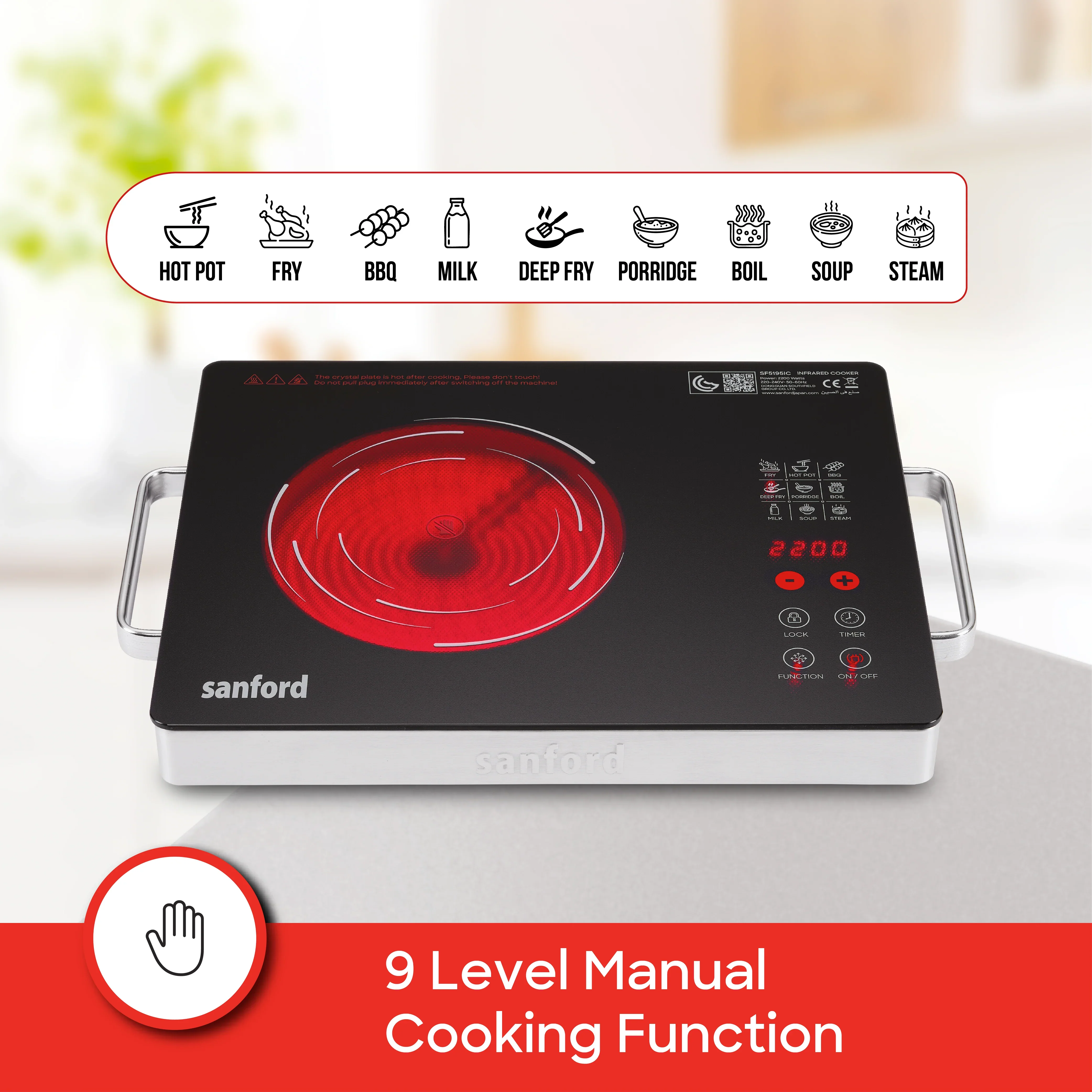 Sanford SF5195IC 2-in-1 Single Burner Infrared Cooker 2200W – Versatile infrared cooker with built-in BBQ grill and timer for precise cooking and grilling - Image 2