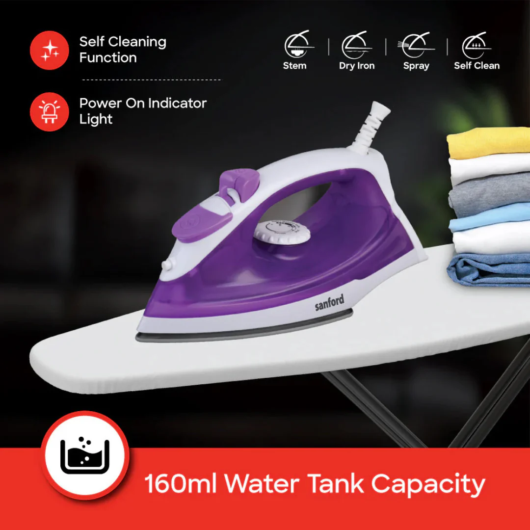 Sanford SF48SI 2200W Steam Iron – Ceramic Soleplate , powerful steam boost, adjustable temperature control, and self-cleaning system designed for fast, smooth, and efficient ironing at home. - Image 2