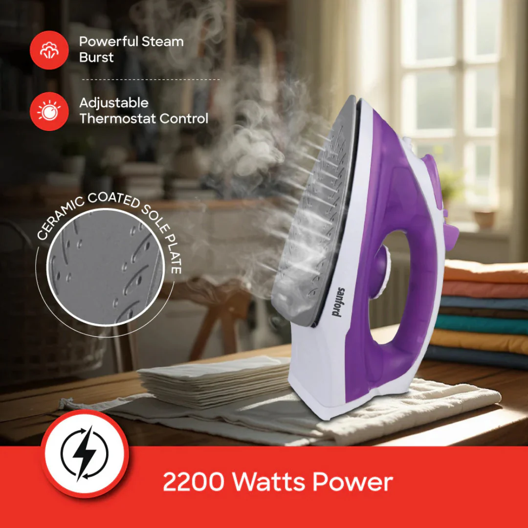 Sanford SF48SI 2200W Steam Iron – Ceramic Soleplate , powerful steam boost, adjustable temperature control, and self-cleaning system designed for fast, smooth, and efficient ironing at home. - Image 3